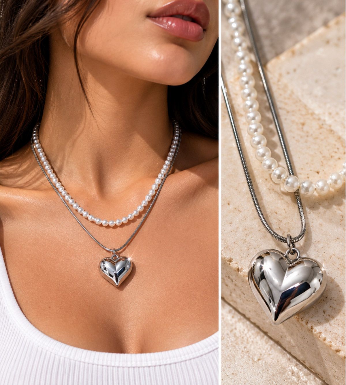 Collana argentata con cuore e Perle