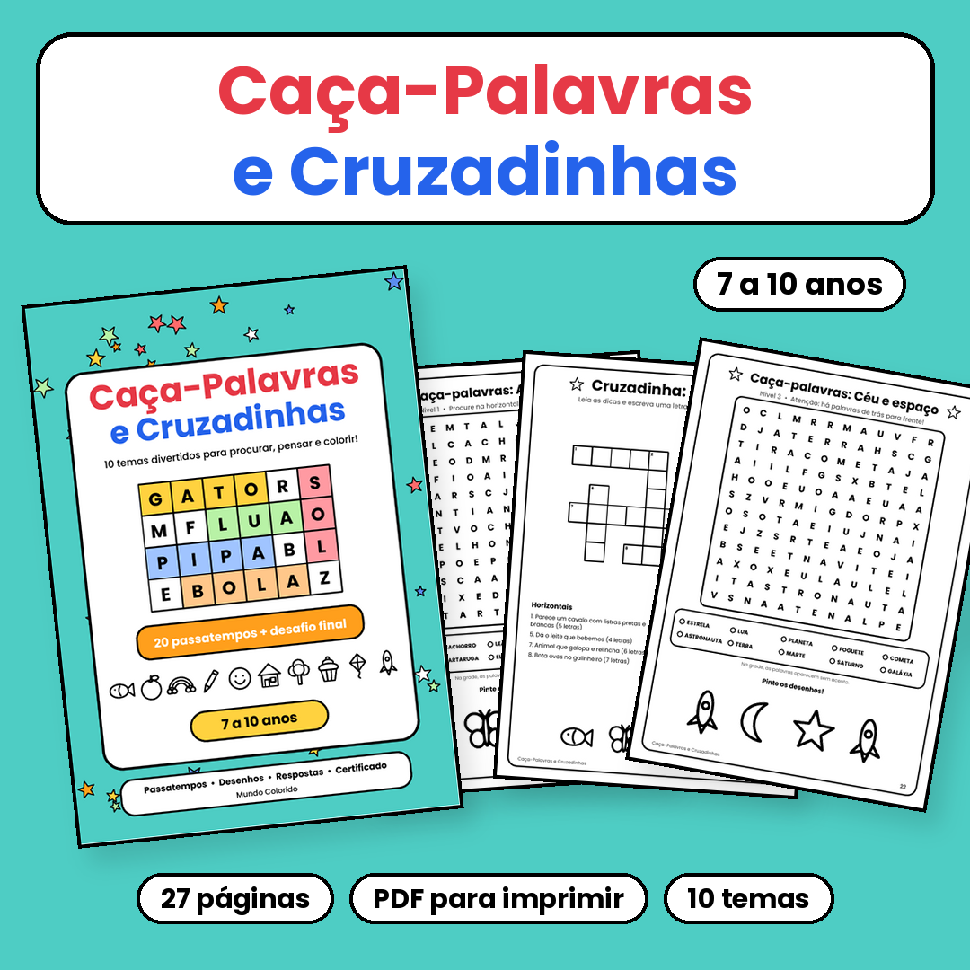 Caça-Palavras e Cruzadinhas: 10 Temas para Procurar, Pensar e Colorir!